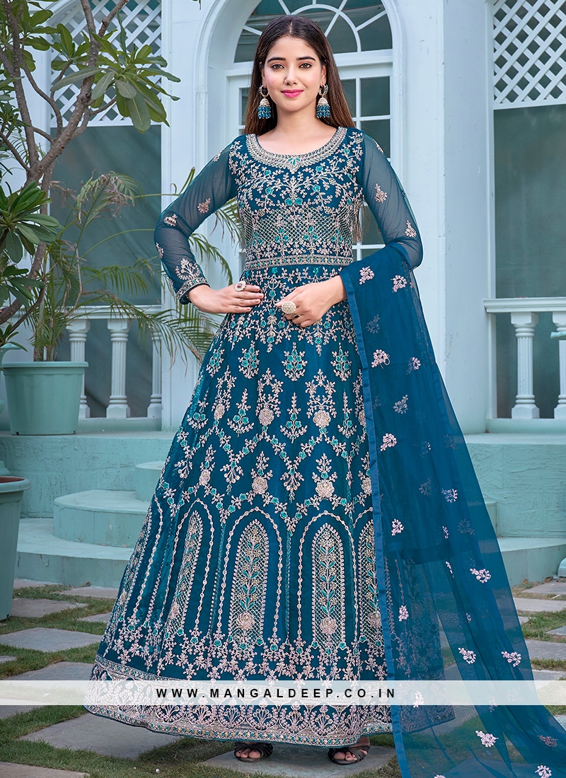 Designer Teal Blue Color Velvet Salwar Suit with Embroidery