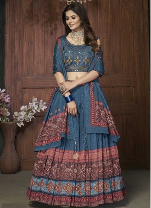 Teal Blue Color Chinnon Mirror Work Lehenga