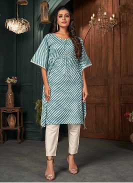 Teal Blue Color Cotton Casual Wear Kaftan