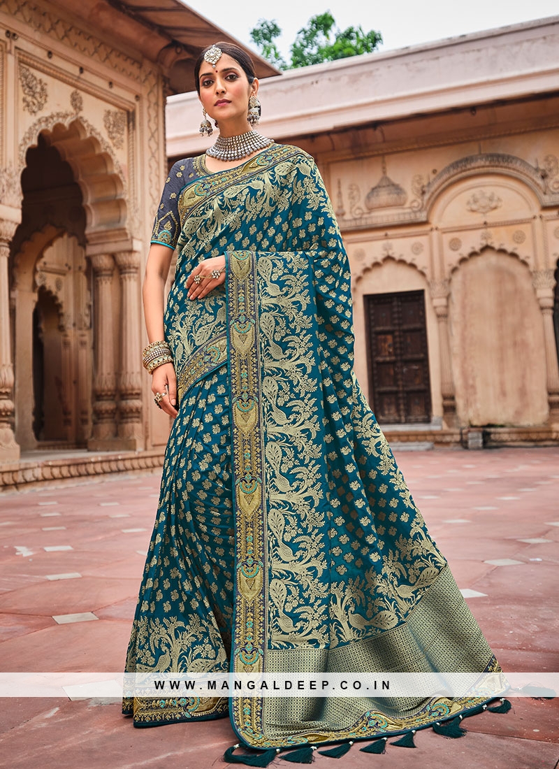 Buy Designer Sarees, Salwar Kameez, Kurtis & Tunic and Lehenga Choli.Good  Looking Teal Blue Silk Saree