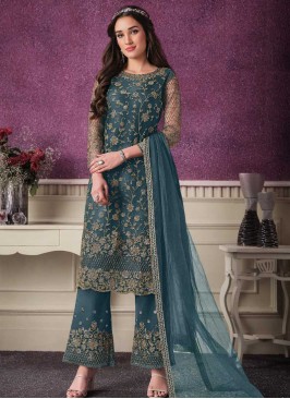 Teal Blue Color Embroidered Salwar Suit