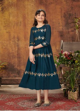 Teal Blue Color Georgette Kids Wear