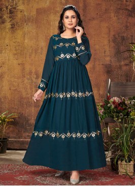 Teal Blue Color Georgette Sequins Work Gown
