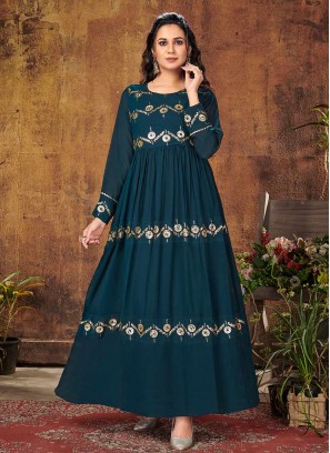 Teal Blue Color Georgette Sequins Work Gown