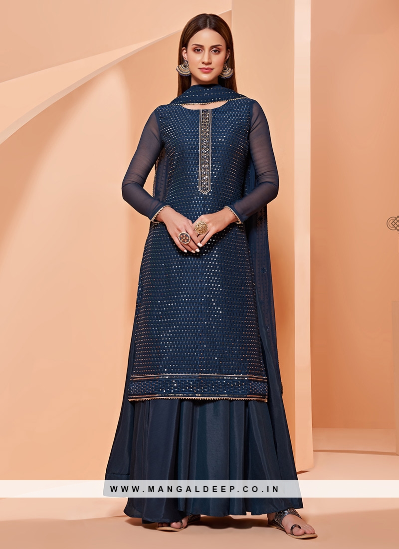 Faux Georgette Embroidery Pant Style Suit In Teal Blue Colour - SM5560038