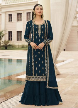 Teal Blue Color Georgette Shrara Suit