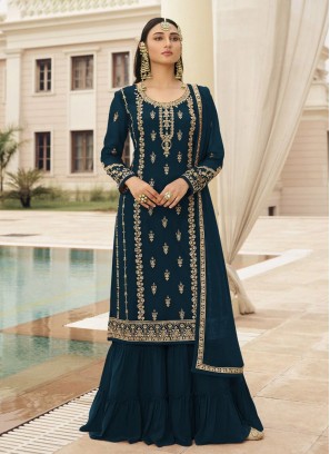 Teal Blue Color Georgette Shrara Suit