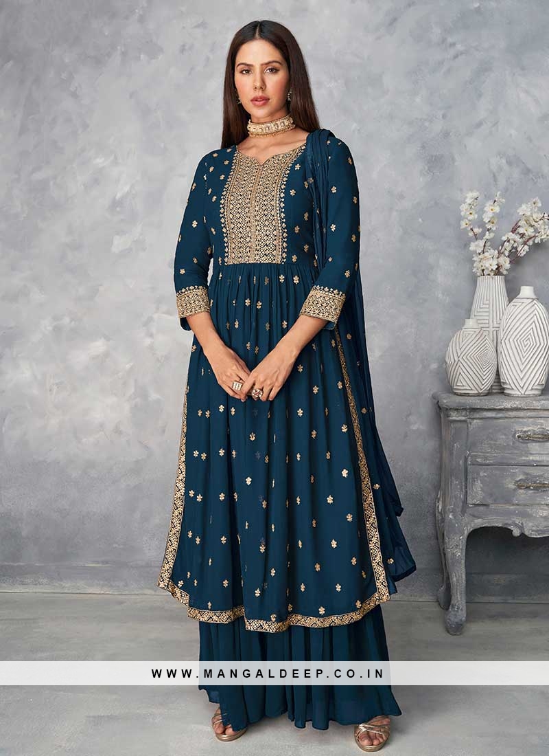 Buy Teal Blue Cotton Printed Straight Cut Suit LSTV118333