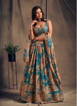 Teal Blue Color Printed Party Wear Lehenga