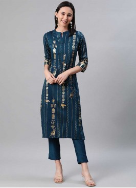 Teal Blue Color Rayon Kurti With Bottom