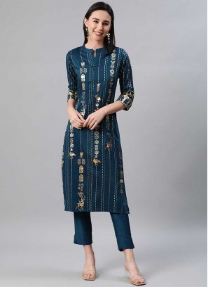 Teal Blue Color Rayon Kurti With Bottom