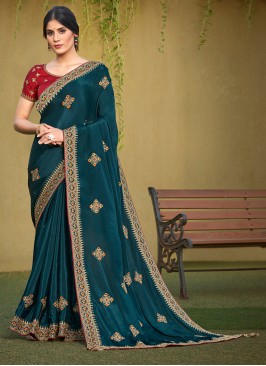 Teal Blue Color Satin Silk Saree