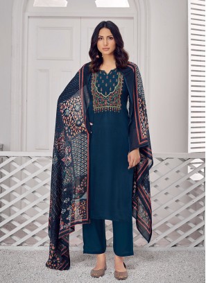 Teal Blue Color Silk Salwar Suit