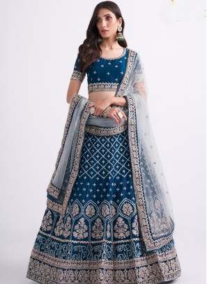 Teal blue Color Thread & Sequins Embroidered Lehenga Choli