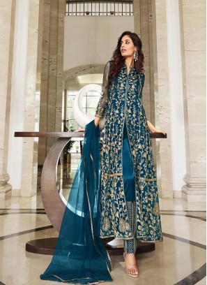 Teal blue Colour Sequance Embroidery Work Front Cut Suit