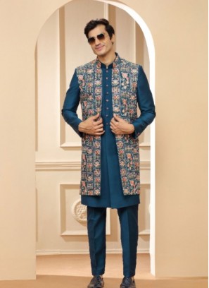 Teal Blue Embroidery Indowestern Suit In Silk