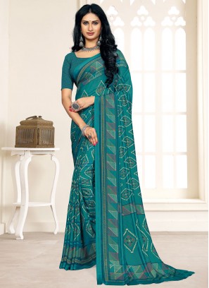 Teal Casual Faux Crepe Traditional Saree