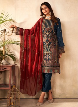 Teal Ceremonial Georgette Trendy Salwar Suit