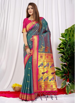 Teal Ceremonial Silk Designer Saree