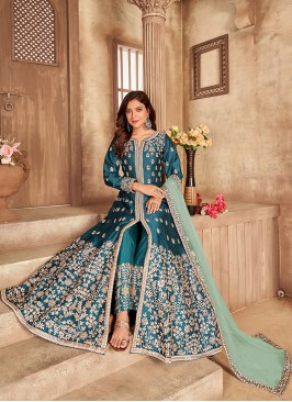 Teal Color Art Silk Anarkali Gown