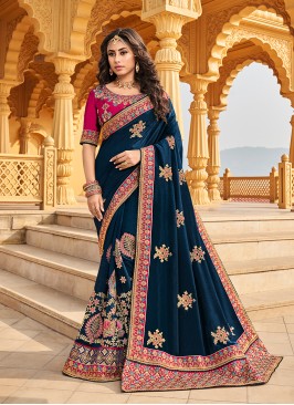 Teal Color Art Silk Embroidered Saree For Wedding