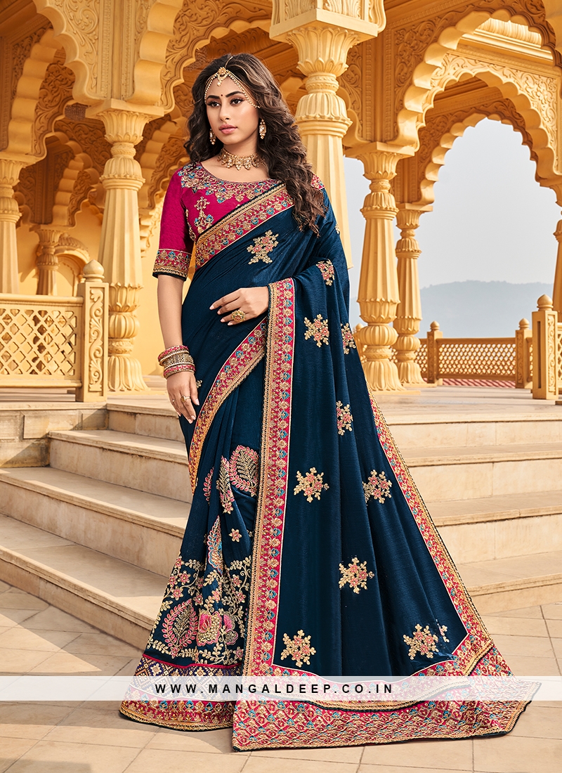 Teal Color Art Silk Embroidered Saree For Wedding