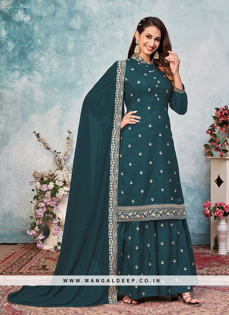Teal Color Art Silk Embroidered Sharara Suit