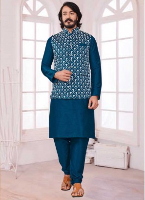 Teal Color Art Silk Kurta Jacket Set