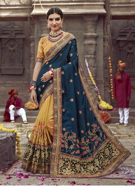 Teal Color Art Silk Wedding Wear Saree
