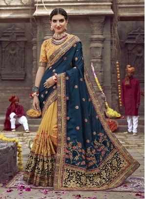 Teal Color Art Silk Wedding Wear Saree