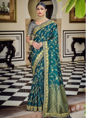 Teal Color Banarasi Silk Wevon Saree