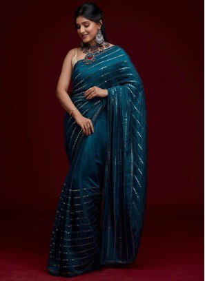 Teal Color Chinnon Silk Saree For Party