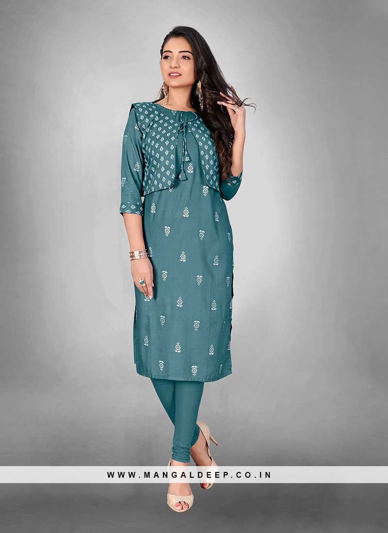 Teal Color Cotton Kurti With Jacket