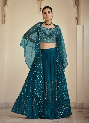 Teal Color Crepe Sequins Work Lehenga