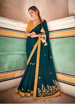 Teal Color Crepe Silk Thread Work Saree