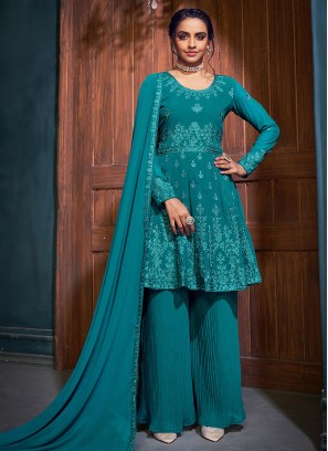 Teal Color Embroidered Georgette Sharara Suit