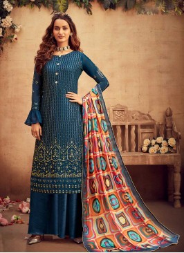 Teal Color Embroidered Palazzo Suit
