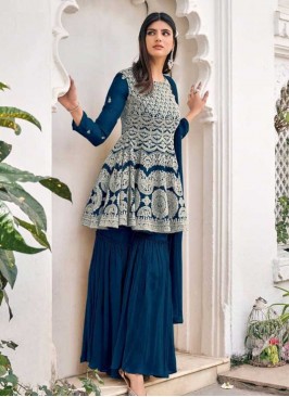 Teal Color Embroidered Sharara Dress