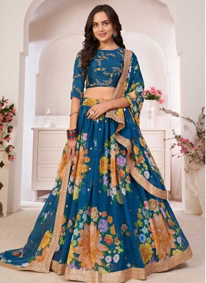Teal Color Floral Print Georgette Lehenga