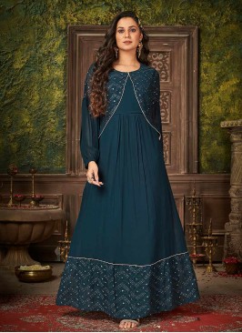 Teal Color Georegtte Festive Wear Gown