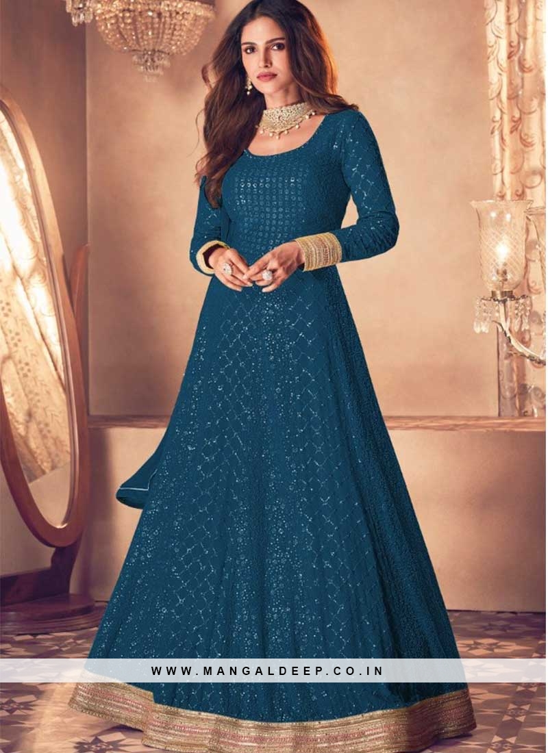 Teal Blue Siffon Fancy Gown With red Dupatta