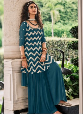 Teal Color Georgette Embroidered Fancy Sharara Suit