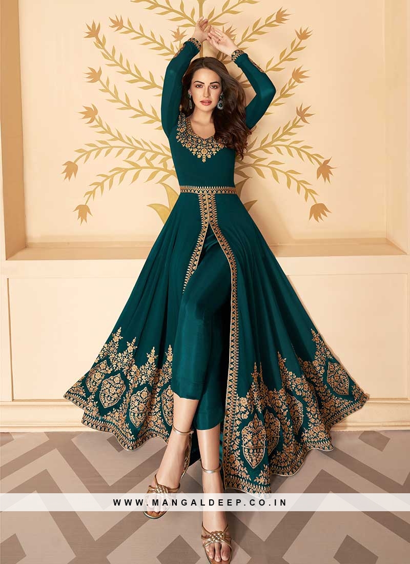 Teal Color Georgette Embroidered Front Cut Suit