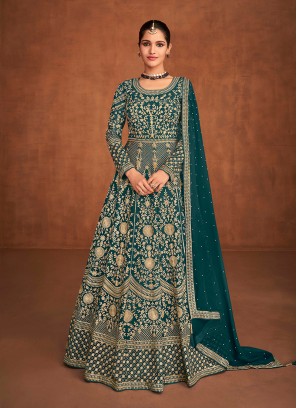 Teal Color Georgette Embroidered Long Dress
