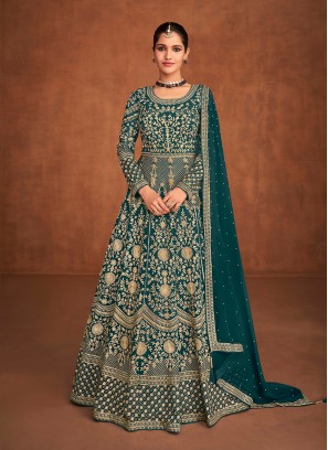Teal Color Georgette Embroidered Long Dress