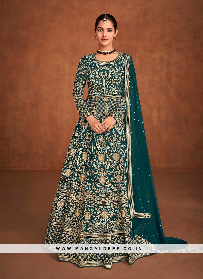 Teal Color Georgette Embroidered Long Dress