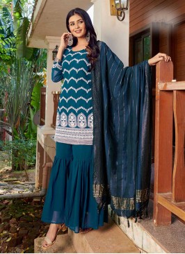 Teal Color Georgette Embroidered Sharara Suit