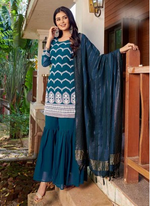 Teal Color Georgette Embroidered Sharara Suit