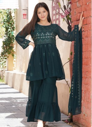 Teal Color Georgette Readymade Sharara Suit