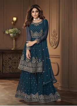 Teal Color Georgette Sequins Embroidered Plazzo Suit